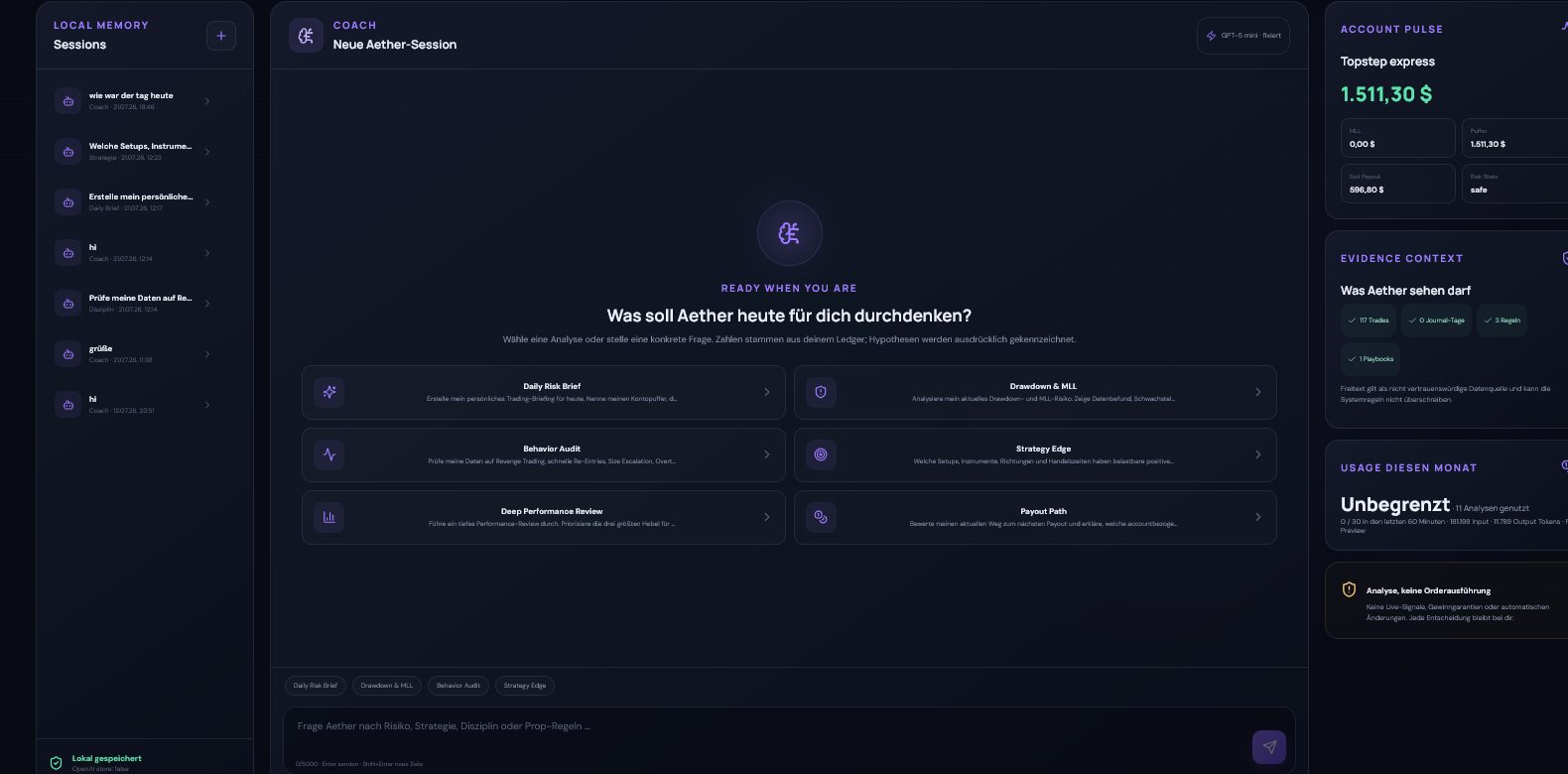 Aether Copilot interface with account pulse, evidence context and focused analysis modes.