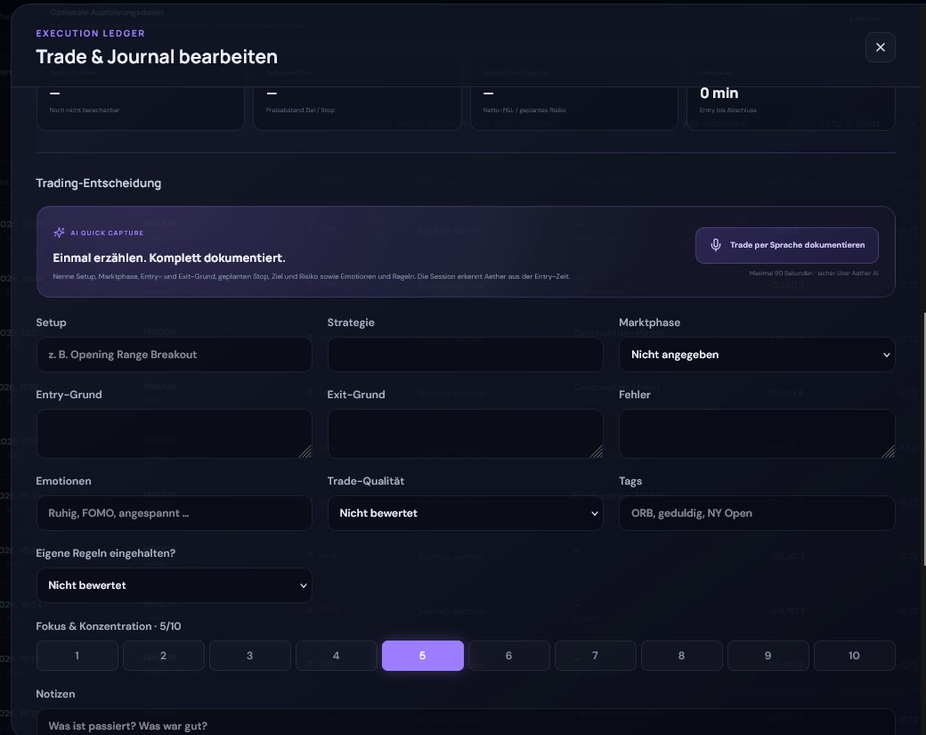 Trade and journal editor with voice capture, setup, market phase, emotions and rule fields.